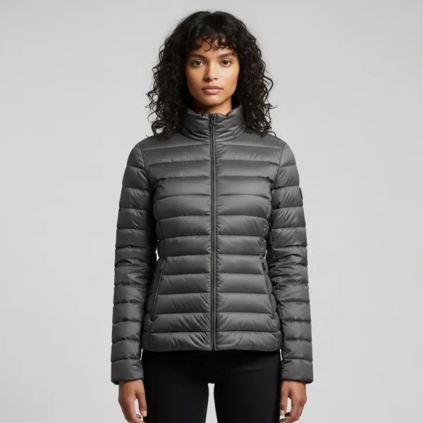 Women gray slim fit puffer jacket.