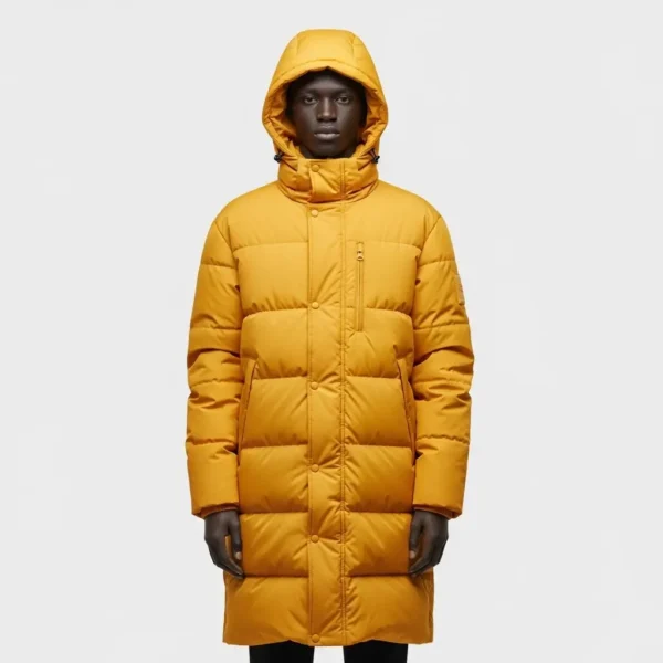 Yellow long line puffer jacket parka.