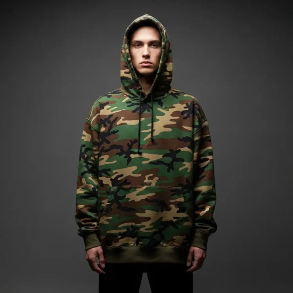 A studio shot of a model wearing a camo hoodie.