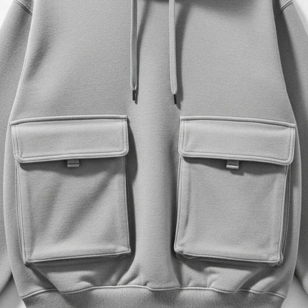 Cargo pockets hoodie closeup.