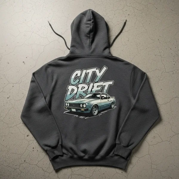 A charcoal hoodie back with DTF printed car graphics.
