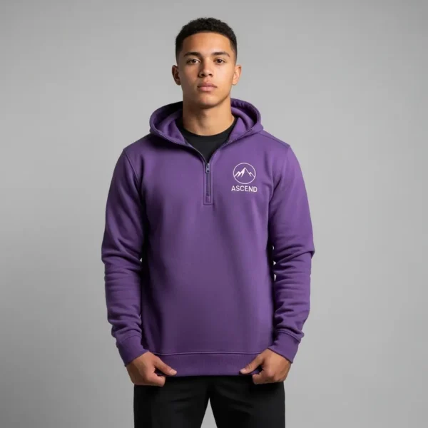 Embroidered purple quarter zip hoodie.