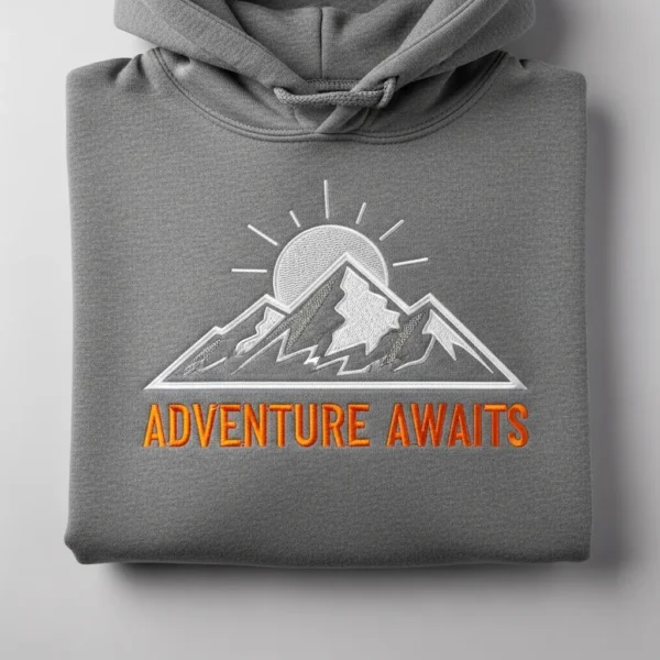 A closeup of folded embroidered hoodie.