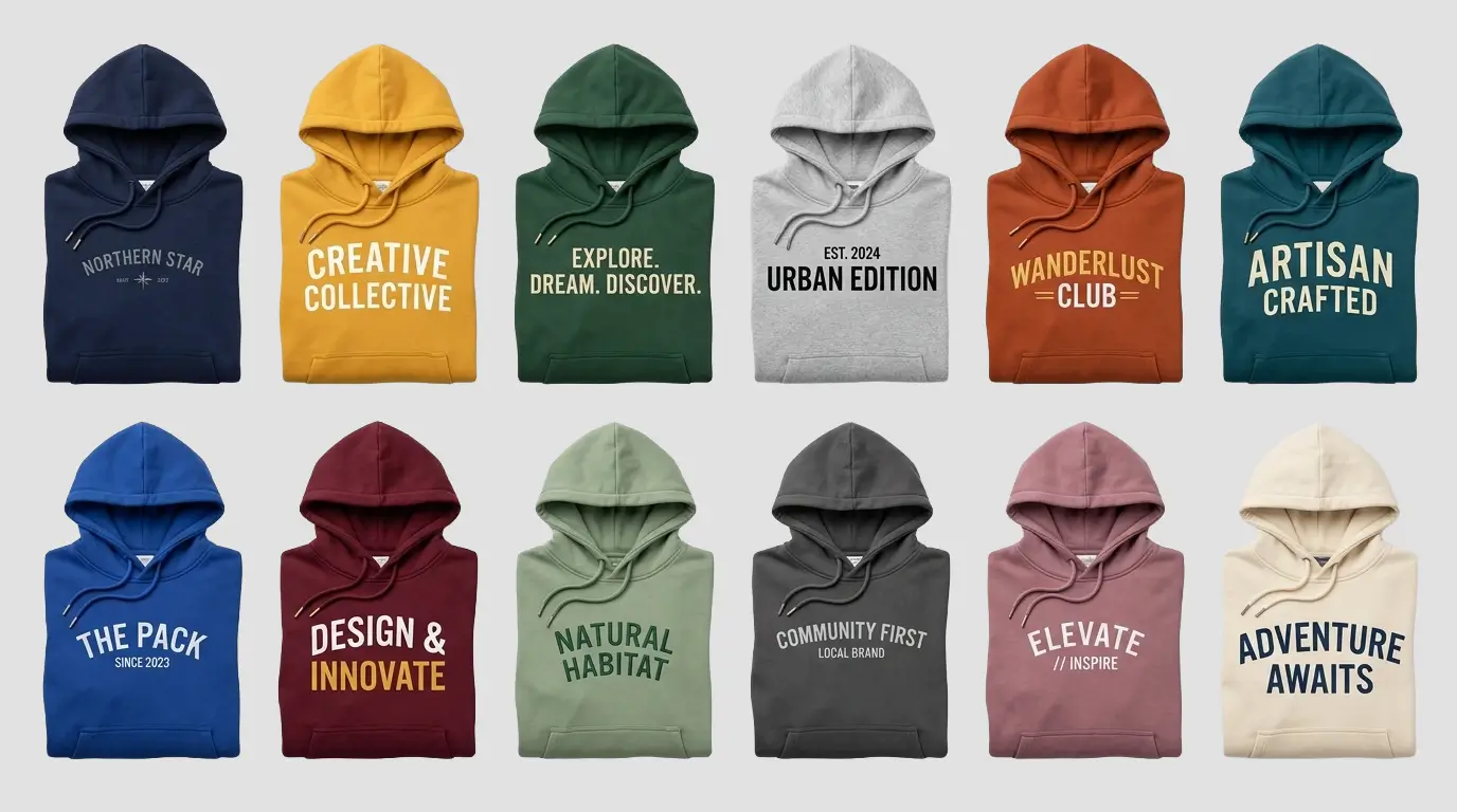 A flat lay shot of multiple screen printed hoodies by custom hoodie manufacturer.
