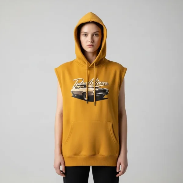 Mustard sleeveless hoodie.