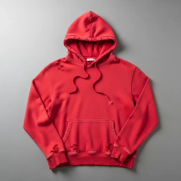 Red distressed hoodie.