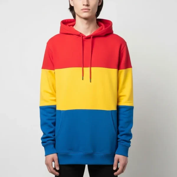 Red yellow blue color block hoodie.