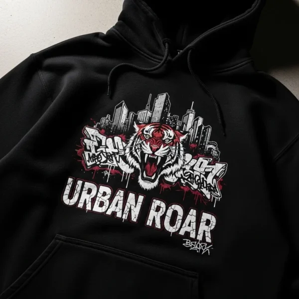 Tiger face screen printed hoodie closeup.